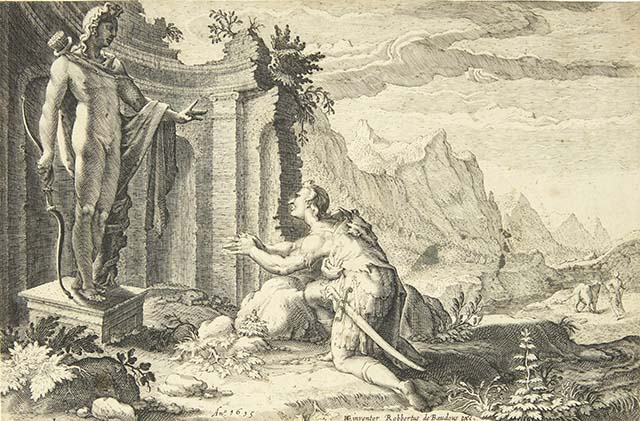 Old engraving of the oracle at Delphi