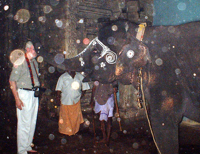 Robert Scheer in Meenakshi temple, Madurai, with elephant