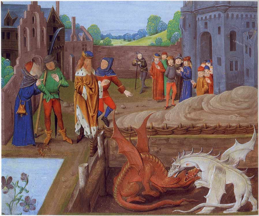 medieval image with two dragons fighting