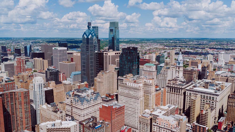 Philadelphia’s Center City skyline and street grid viewed from above.