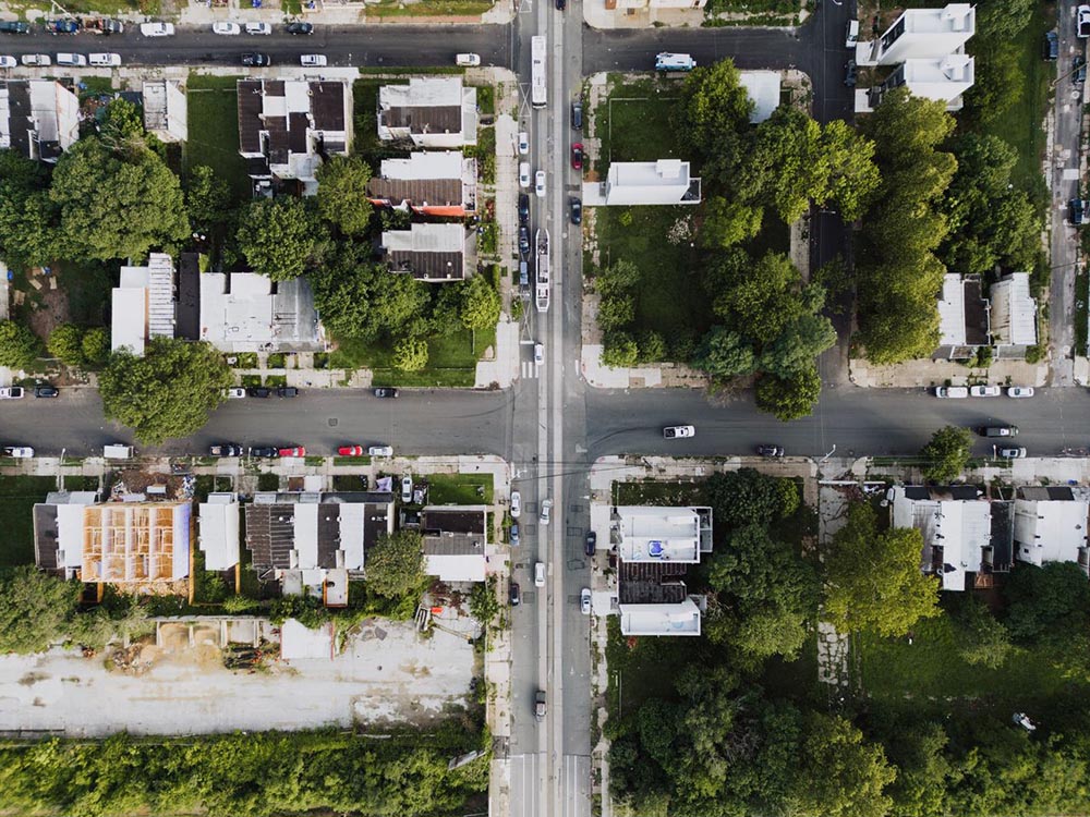 Aerial view of a Philadelphia intersection and surrounding city blocks